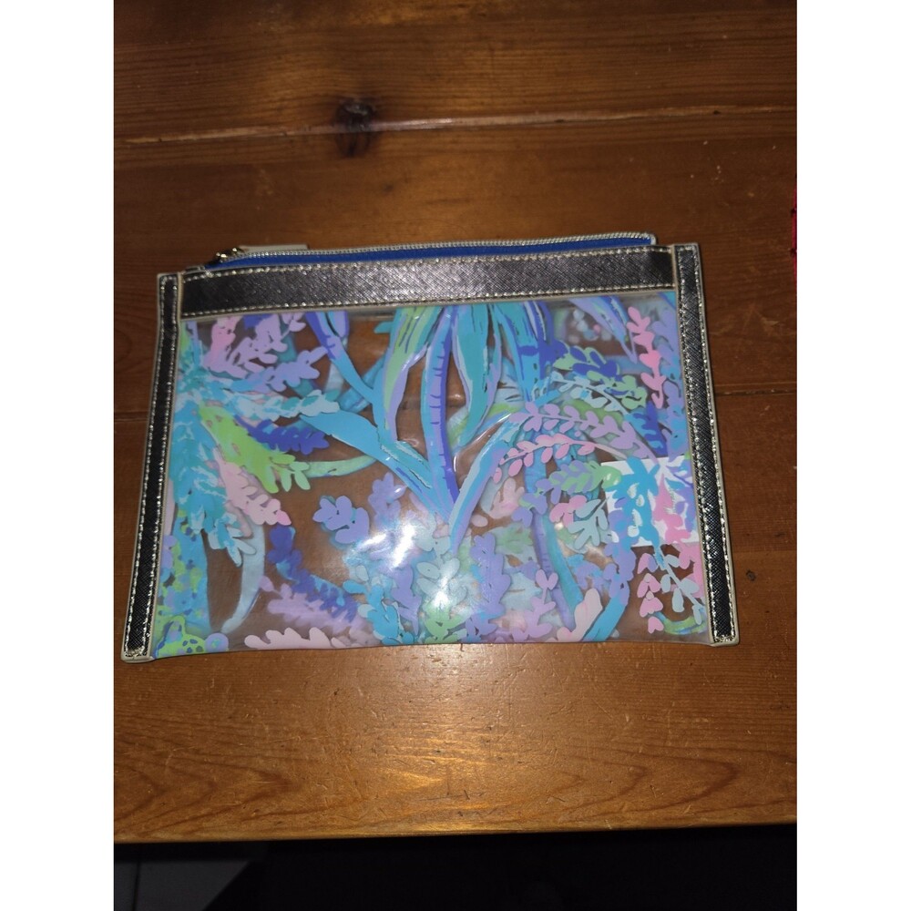 Lilly Pulitzer Sweet Escape GWP POUCH Zippered Clear Travel Cosmetic Gold trim